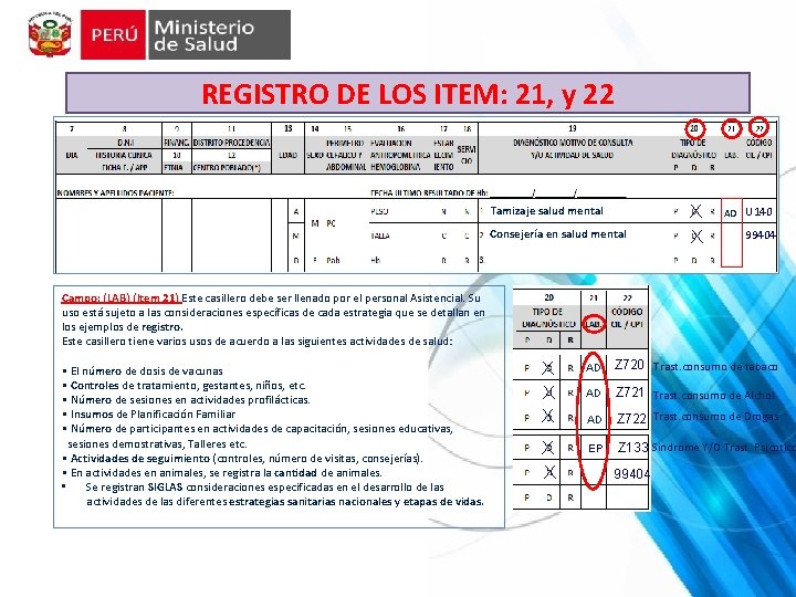 REGISTRO DE LOS ITEM: 21, y 22 Tamizaje salud mental Consejería en salud mental REGISTRO DE LOS ITEM: 21, y 22 Tamizaje salud mental Consejería en salud mental