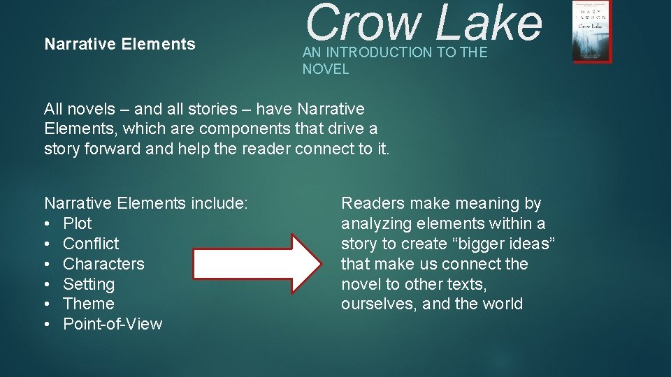 Narrative Elements Crow Lake AN INTRODUCTION TO THE NOVEL All novels – and all Narrative Elements Crow Lake AN INTRODUCTION TO THE NOVEL All novels – and all