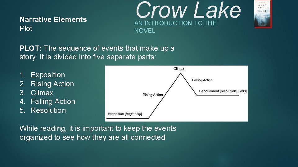 Narrative Elements Plot Crow Lake AN INTRODUCTION TO THE NOVEL PLOT: The sequence of Narrative Elements Plot Crow Lake AN INTRODUCTION TO THE NOVEL PLOT: The sequence of
