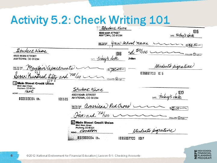 Activity 5. 2: Check Writing 101 6 © 2012 National Endowment for Financial Education