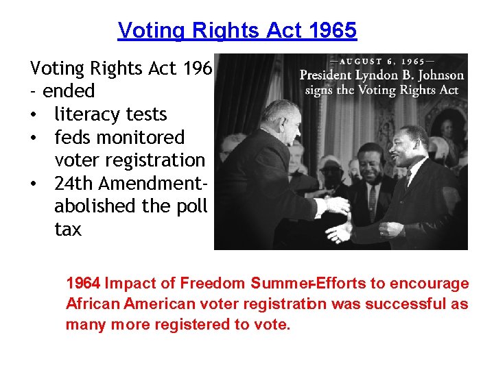 Voting Rights Act 1965 - ended • literacy tests • feds monitored voter registration