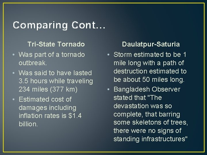 Comparing Cont… Tri-State Tornado • Was part of a tornado outbreak. • Was said Comparing Cont… Tri-State Tornado • Was part of a tornado outbreak. • Was said