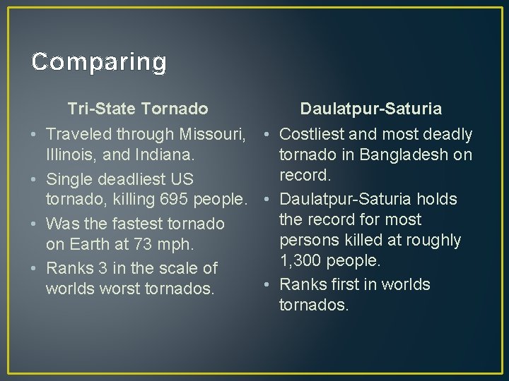 Comparing Tri-State Tornado Daulatpur-Saturia • Traveled through Missouri, • Costliest and most deadly Illinois, Comparing Tri-State Tornado Daulatpur-Saturia • Traveled through Missouri, • Costliest and most deadly Illinois,