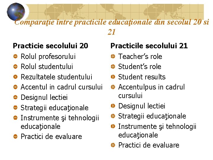 Comparaţie între practicile educaţionale din secolul 20 si 21 Practicie secolului 20 Rolul profesorului