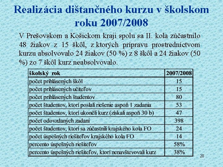 Realizácia dištančného kurzu v školskom roku 2007/2008 V Prešovskom a Košickom kraji spolu sa