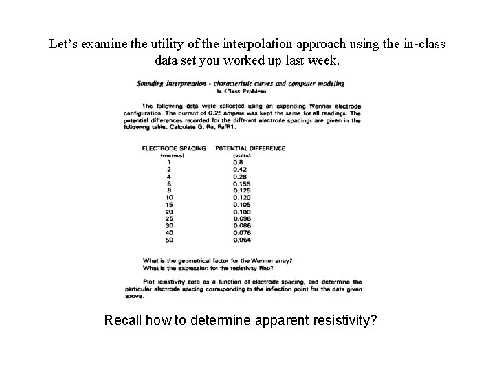 Let’s examine the utility of the interpolation approach using the in-class data set you