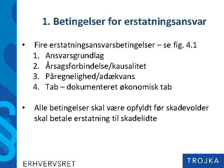 1. Betingelser for erstatningsansvar • Fire erstatningsansvarsbetingelser – se fig. 4. 1 1. Ansvarsgrundlag 1. Betingelser for erstatningsansvar • Fire erstatningsansvarsbetingelser – se fig. 4. 1 1. Ansvarsgrundlag