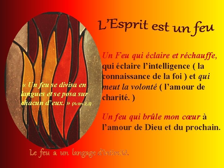 « Un feu se divisa en langues et se posa sur chacun d’eux. « Un feu se divisa en langues et se posa sur chacun d’eux.