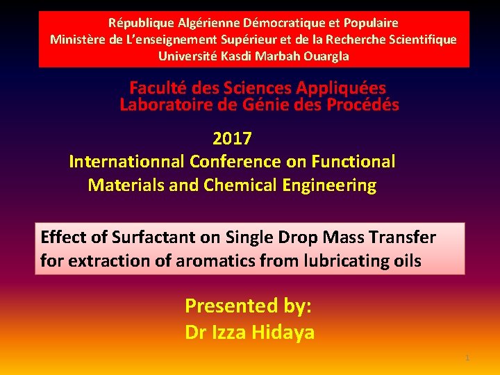 République Algérienne Démocratique et Populaire Ministère de L’enseignement Supérieur et de la Recherche Scientifique