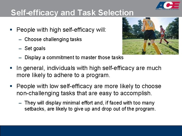 Self-efficacy and Task Selection § People with high self-efficacy will: – Choose challenging tasks