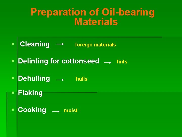 Preparation of Oil-bearing Materials § Cleaning foreign materials § Delinting for cottonseed § Dehulling