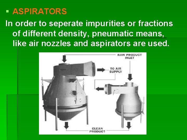 § ASPIRATORS In order to seperate impurities or fractions of different density, pneumatic means,