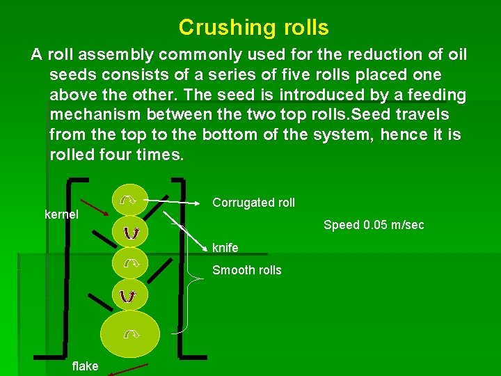 Crushing rolls A roll assembly commonly used for the reduction of oil seeds consists