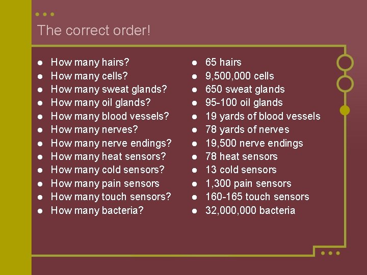 The correct order! l l l How many hairs? How many cells? How many