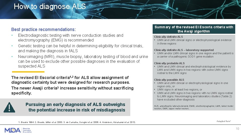 How to diagnose ALS Best practice recommendations: • • • Electrodiagnostic testing with nerve