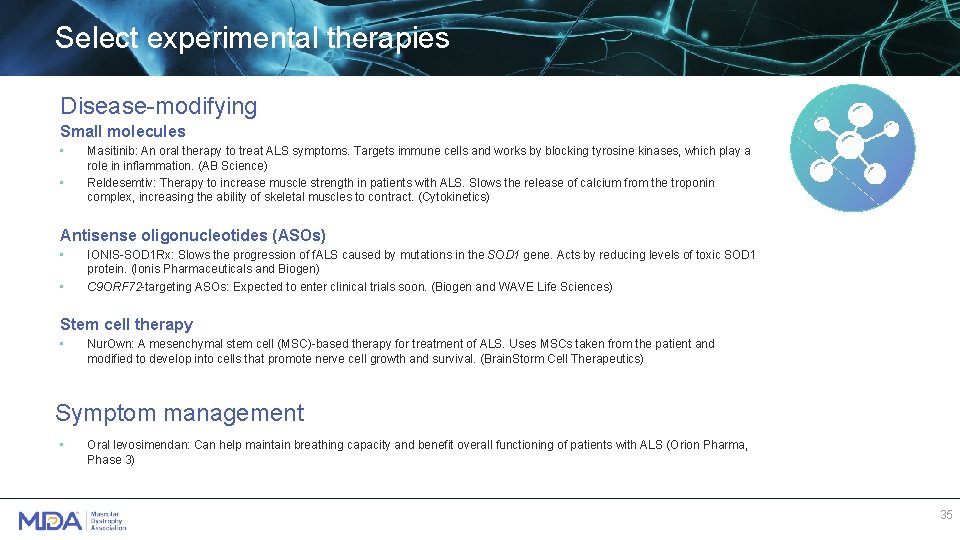 Select experimental therapies Disease-modifying Small molecules • • Masitinib: An oral therapy to treat Select experimental therapies Disease-modifying Small molecules • • Masitinib: An oral therapy to treat