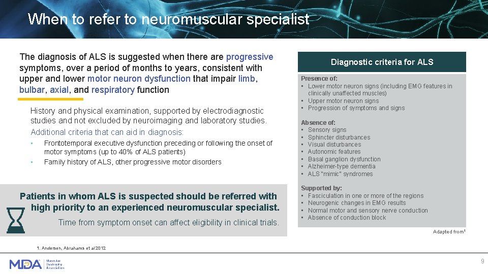 When to refer to neuromuscular specialist The diagnosis of ALS is suggested when there