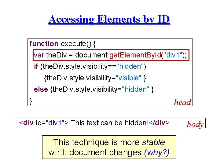 Accessing Elements by ID function execute() { var the. Div = document. get. Element.