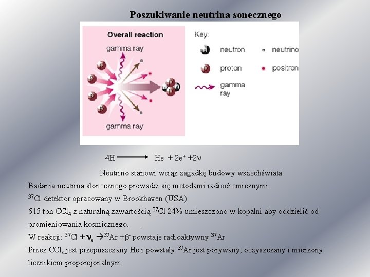 Poszukiwanie neutrina sonecznego 4 H He + 2 e+ +2 Neutrino stanowi wciąż zagadkę