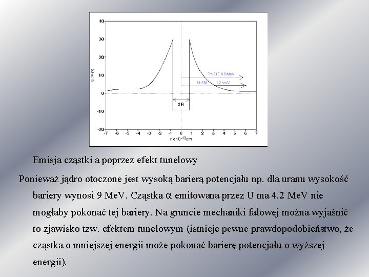 Emisja cząstki a poprzez efekt tunelowy Ponieważ jądro otoczone jest wysoką barierą potencjału np.