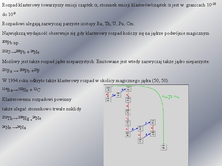 Rozpad klasterowy towarzyszy emisji cząstek a, stosunek emisji klasterów/cząstek a jest w granicach 10