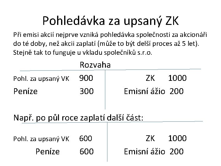 Pohledávka za upsaný ZK Při emisi akcií nejprve vzniká pohledávka společnosti za akcionáři do