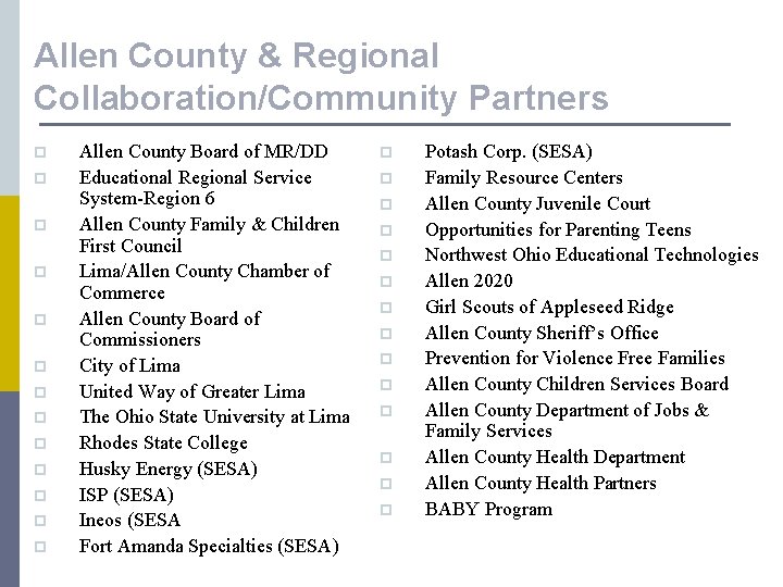 Allen County & Regional Collaboration/Community Partners p p p p Allen County Board of