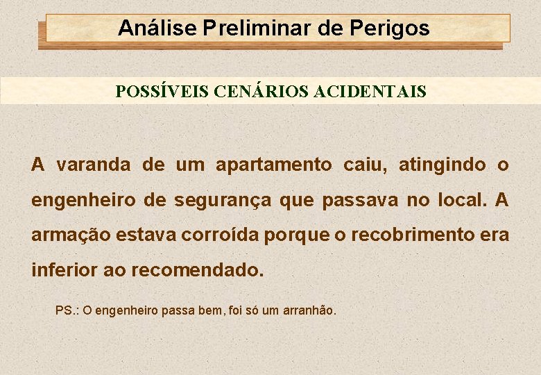 Análise Preliminar de Perigos POSSÍVEIS CENÁRIOS ACIDENTAIS A varanda de um apartamento caiu, atingindo