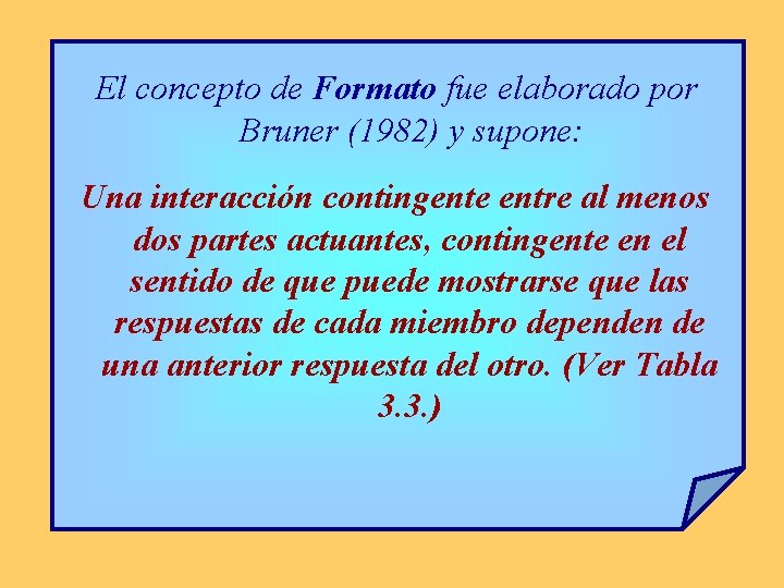 El concepto de Formato fue elaborado por Bruner (1982) y supone: Una interacción contingente