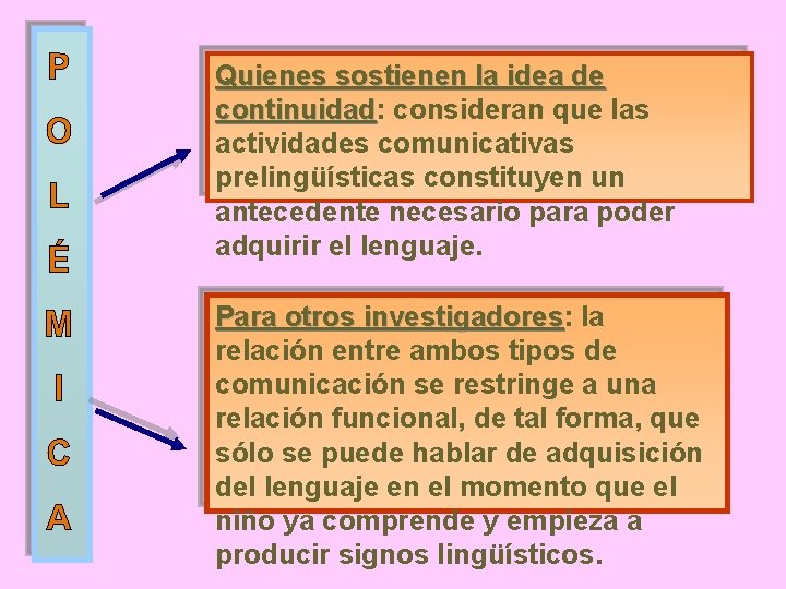 Quienes sostienen la idea de continuidad: continuidad consideran que las actividades comunicativas prelingüísticas constituyen