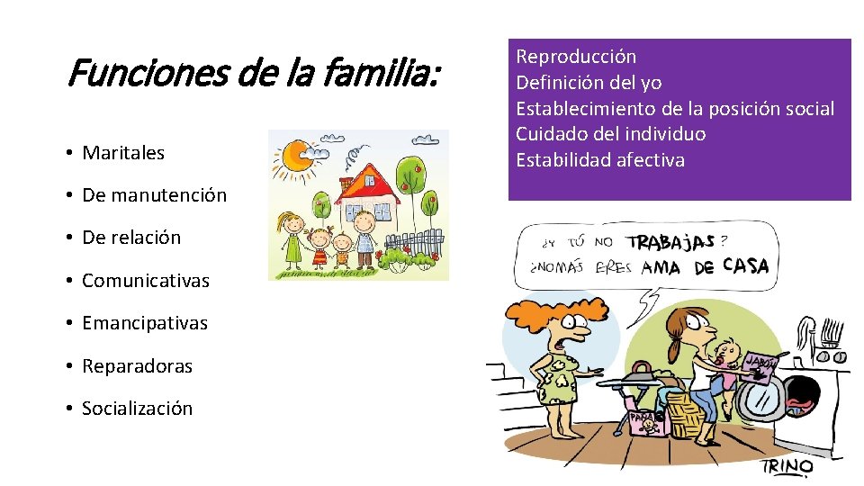 Funciones de la familia: • Maritales • De manutención • De relación • Comunicativas