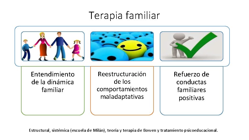 Terapia familiar Entendimiento de la dinámica familiar Reestructuración de los comportamientos maladaptativas Refuerzo de