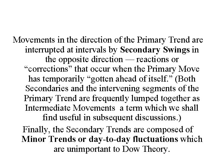 Movements in the direction of the Primary Trend are interrupted at intervals by Secondary Movements in the direction of the Primary Trend are interrupted at intervals by Secondary