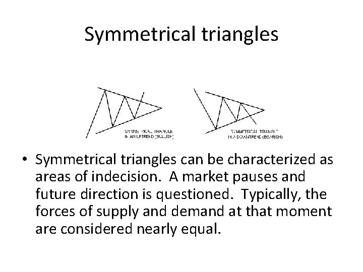 Symmetrical triangles • Symmetrical triangles can be characterized as areas of indecision. A market Symmetrical triangles • Symmetrical triangles can be characterized as areas of indecision. A market