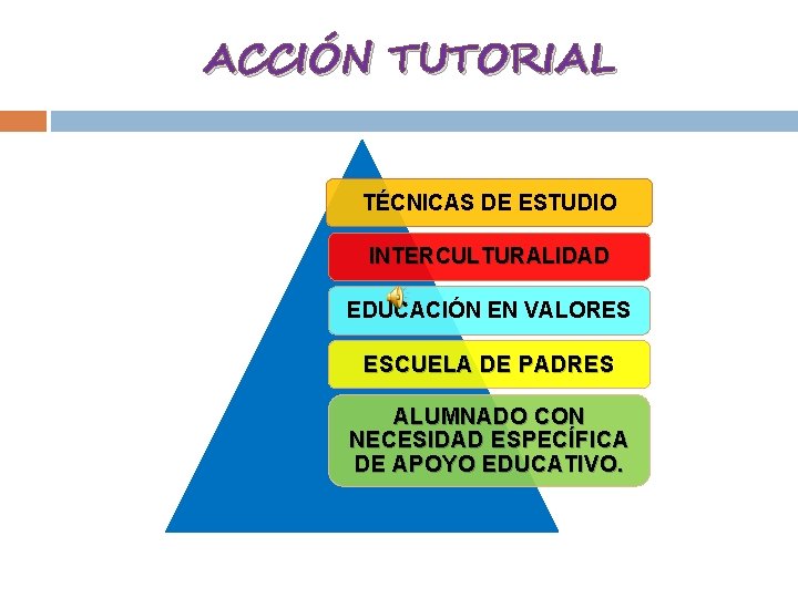 ACCIÓN TUTORIAL TÉCNICAS DE ESTUDIO INTERCULTURALIDAD EDUCACIÓN EN VALORES ESCUELA DE PADRES ALUMNADO CON