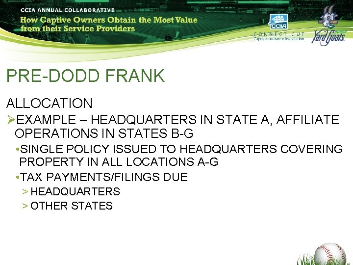 PRE-DODD FRANK ALLOCATION ØEXAMPLE – HEADQUARTERS IN STATE A, AFFILIATE OPERATIONS IN STATES B-G PRE-DODD FRANK ALLOCATION ØEXAMPLE – HEADQUARTERS IN STATE A, AFFILIATE OPERATIONS IN STATES B-G