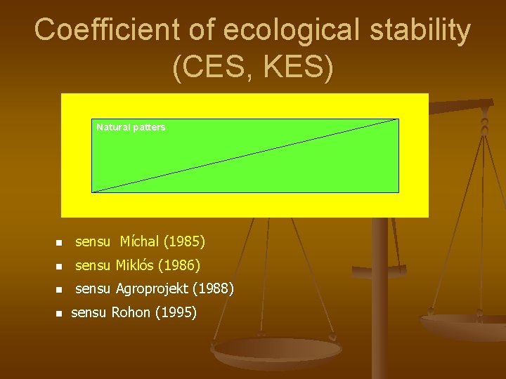 Coefficient of ecological stability (CES, KES) Natural patters n sensu Míchal (1985) n sensu