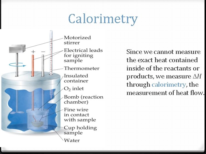 Calorimetry Since we cannot measure the exact heat contained inside of the reactants or