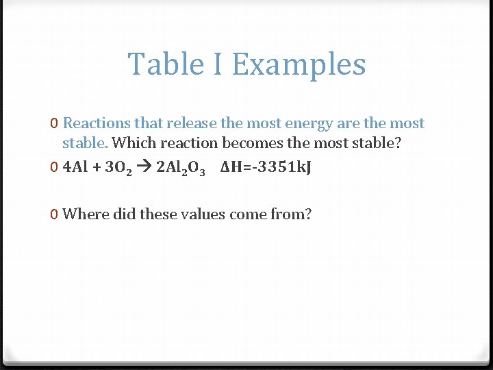 Table I Examples 0 Reactions that release the most energy are the most stable.