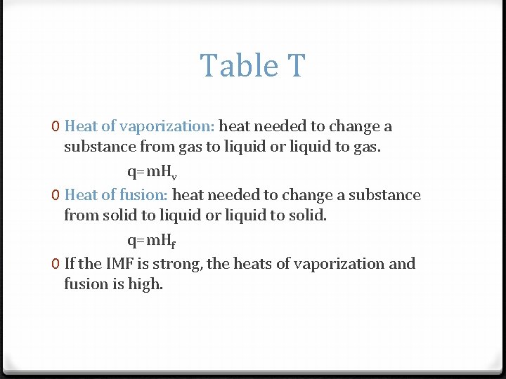 Table T 0 Heat of vaporization: heat needed to change a substance from gas