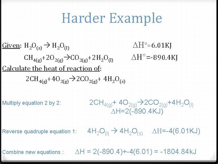 Harder Example Given: H 2 O(s) H 2 O(l) CH 4(g)+2 O 2(g) CO