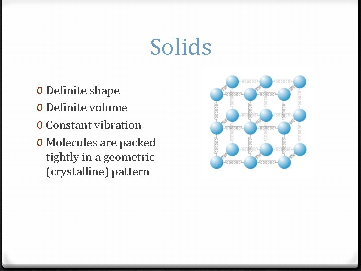 Solids 0 Definite shape 0 Definite volume 0 Constant vibration 0 Molecules are packed