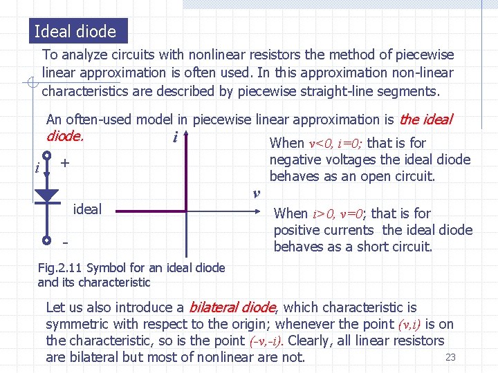 Ideal diode To analyze circuits with nonlinear resistors the method of piecewise linear approximation