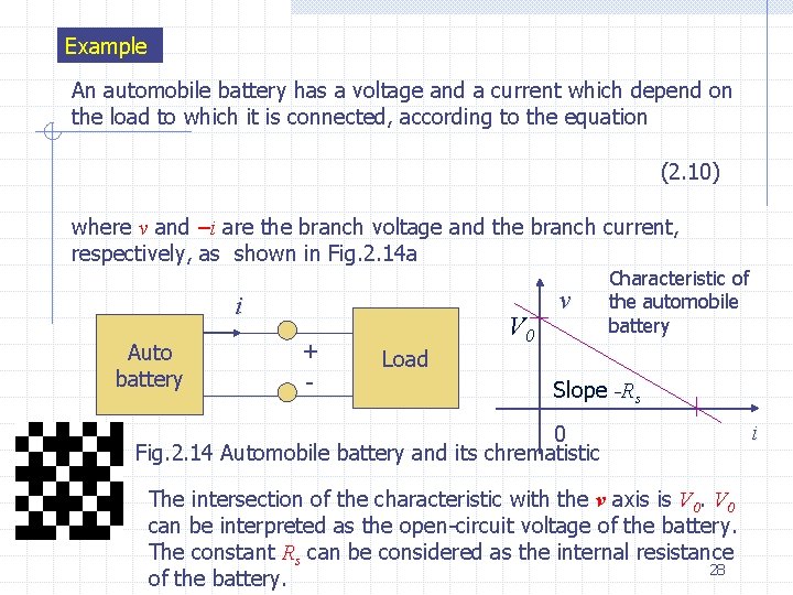 Example An automobile battery has a voltage and a current which depend on the