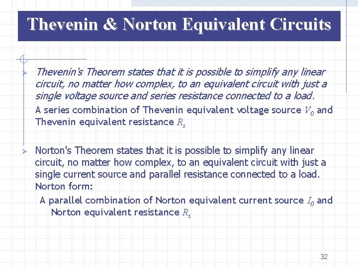 Thevenin & Norton Equivalent Circuits Ø Thevenin's Theorem states that it is possible to