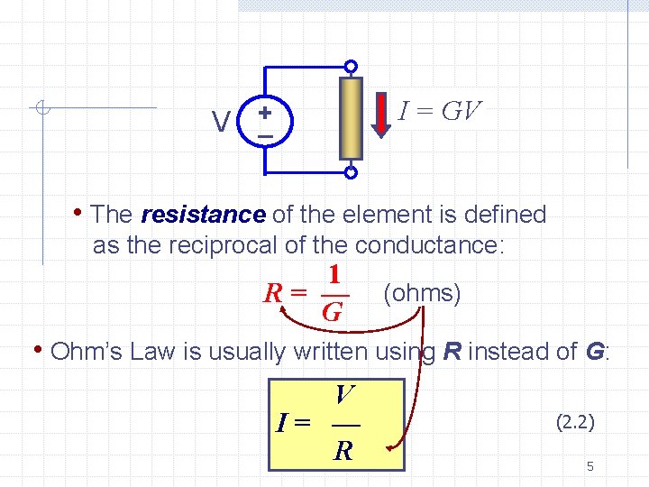 I = GV V +_ • The resistance of the element is defined as