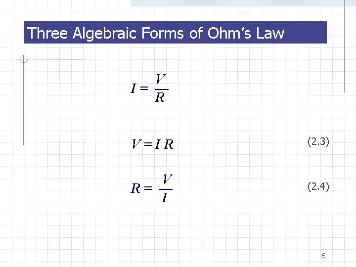 Three Algebraic Forms of Ohm’s Law V I= — R V=IR (2. 3) V