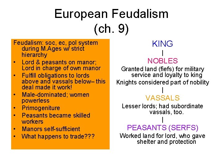 European Feudalism (ch. 9) Feudalism: soc, ec, pol system during M. Ages w/ strict