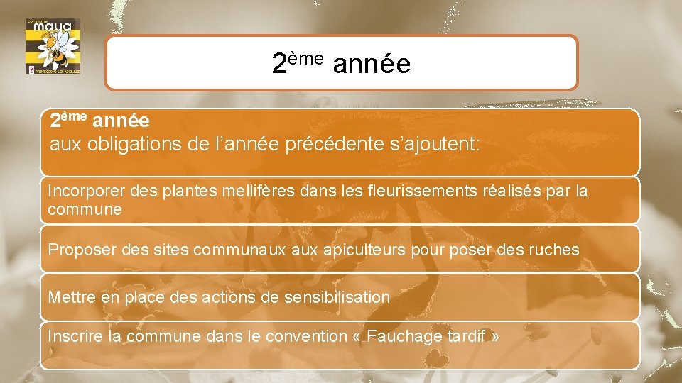 2ème année aux obligations de l’année précédente s’ajoutent: Incorporer des plantes mellifères dans les