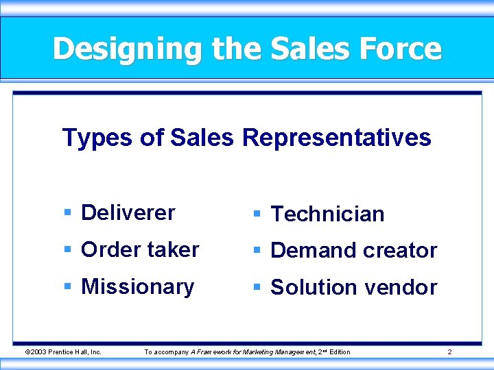 Designing the Sales Force Types of Sales Representatives § Deliverer § Technician § Order